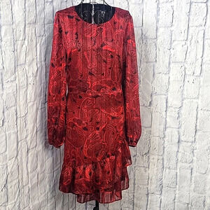 TOMMY HILFIGER Red and‎ Black Paisley Ruffled Dress Size 14